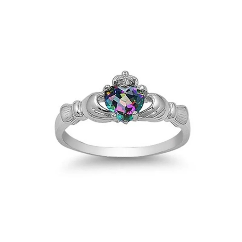 Claddagh Irish Ring Rainbow Cubic Zirconia Silver Plated Size 6